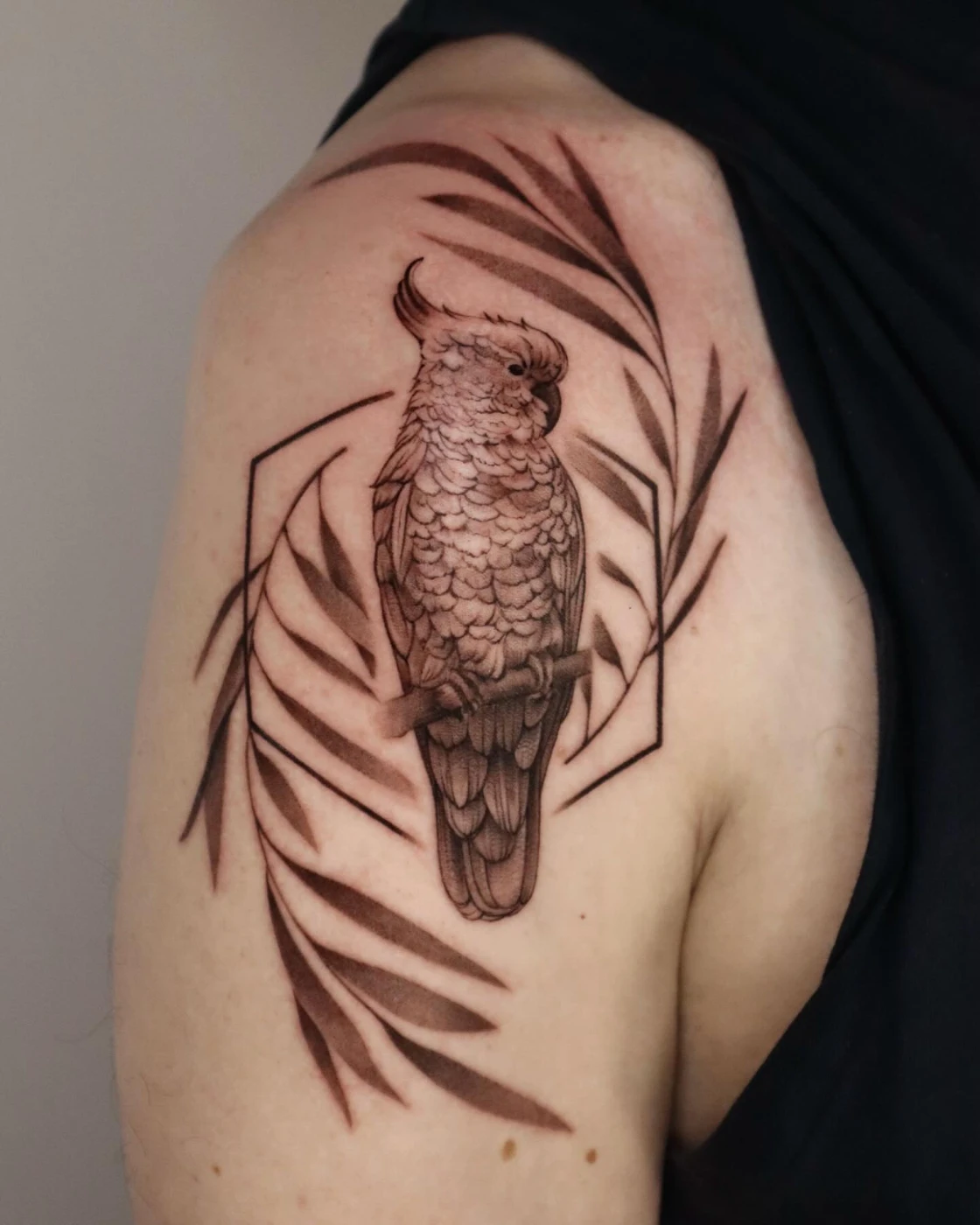 Realistic bird tattoo on shoulder with leaves.