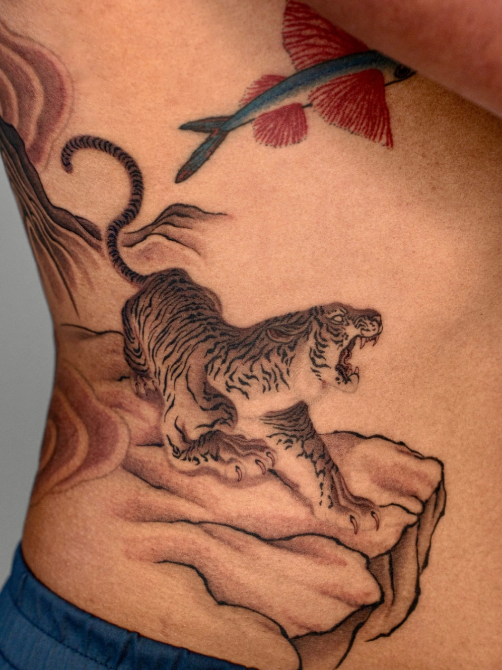 Illustrative tattoo of a roaring tiger on rib.