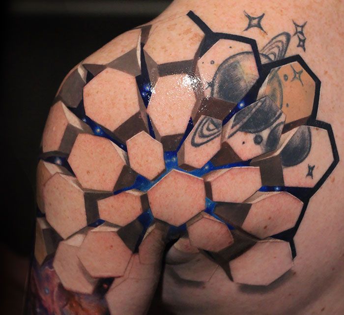 Stunning 3D Hexagonal Shoulder Tattoo