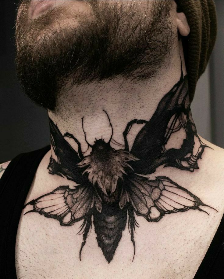 Intricate Blackwork Moth Neck Tattoo