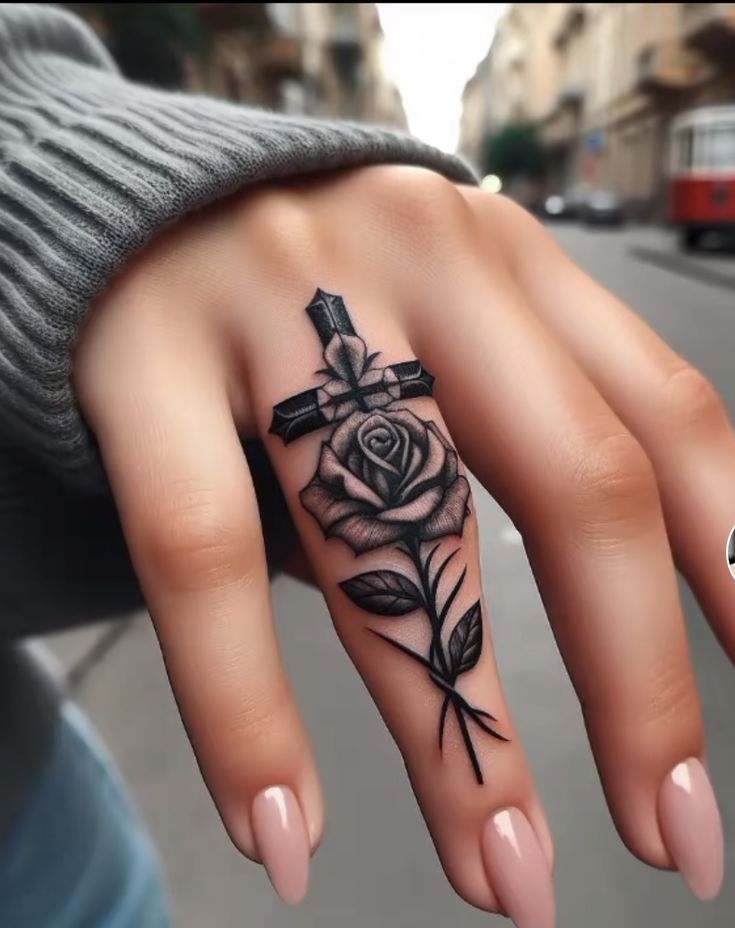 Elegant Rose and Cross Hand Tattoo
