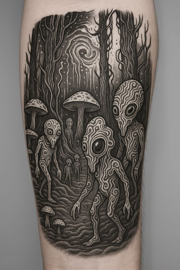 surreal alien blackwork tattoo