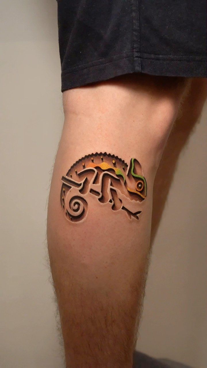 Vibrant 3D Chameleon Tattoo