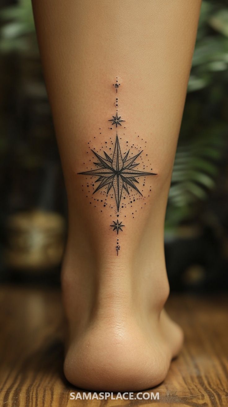 Elegant Blackwork Star Ankle Tattoo