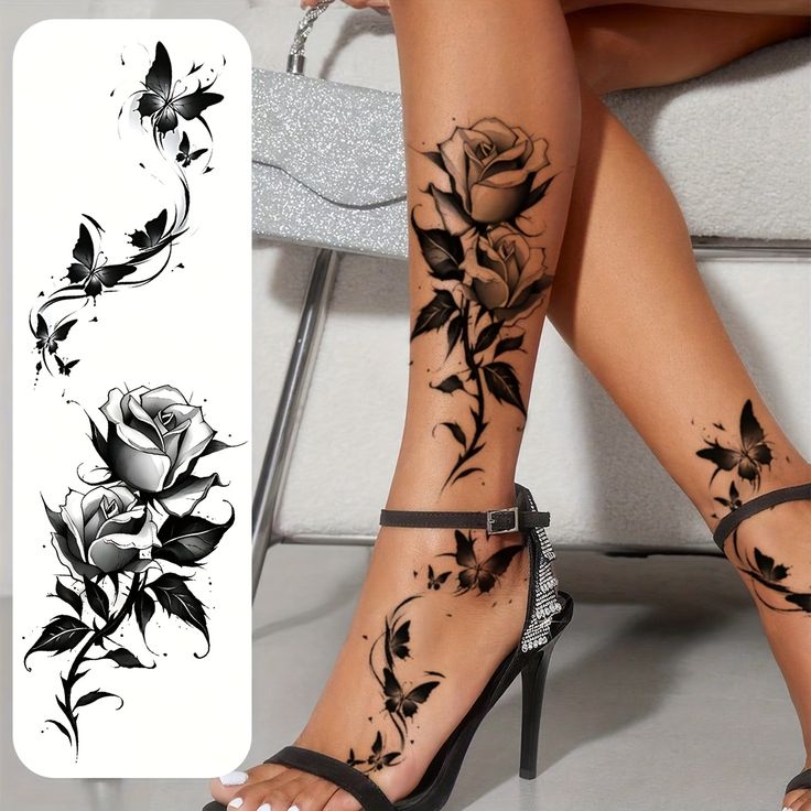 elegant floral and butterfly ankle tattoo