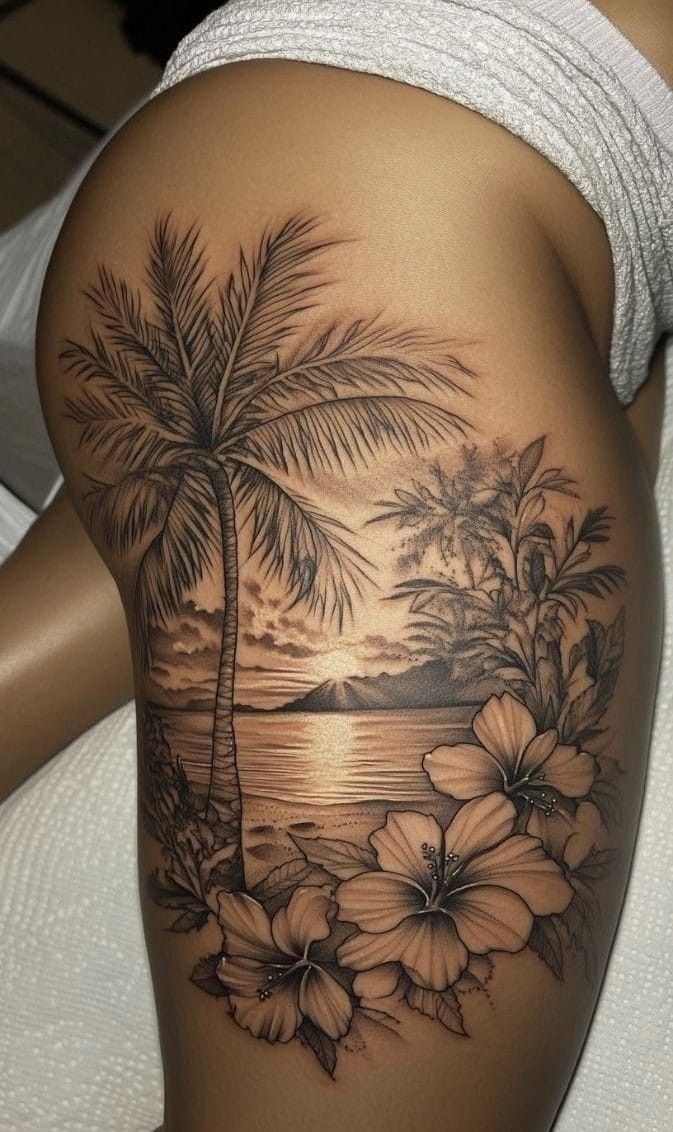 Tropical Paradise Thigh Tattoo