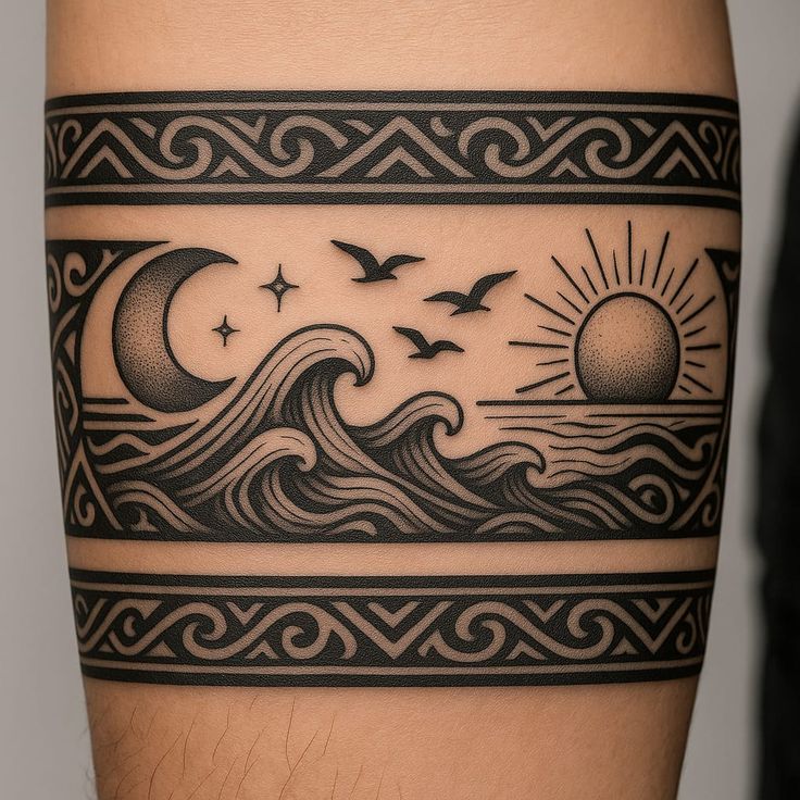 Celestial Waves Arm Band Tattoo