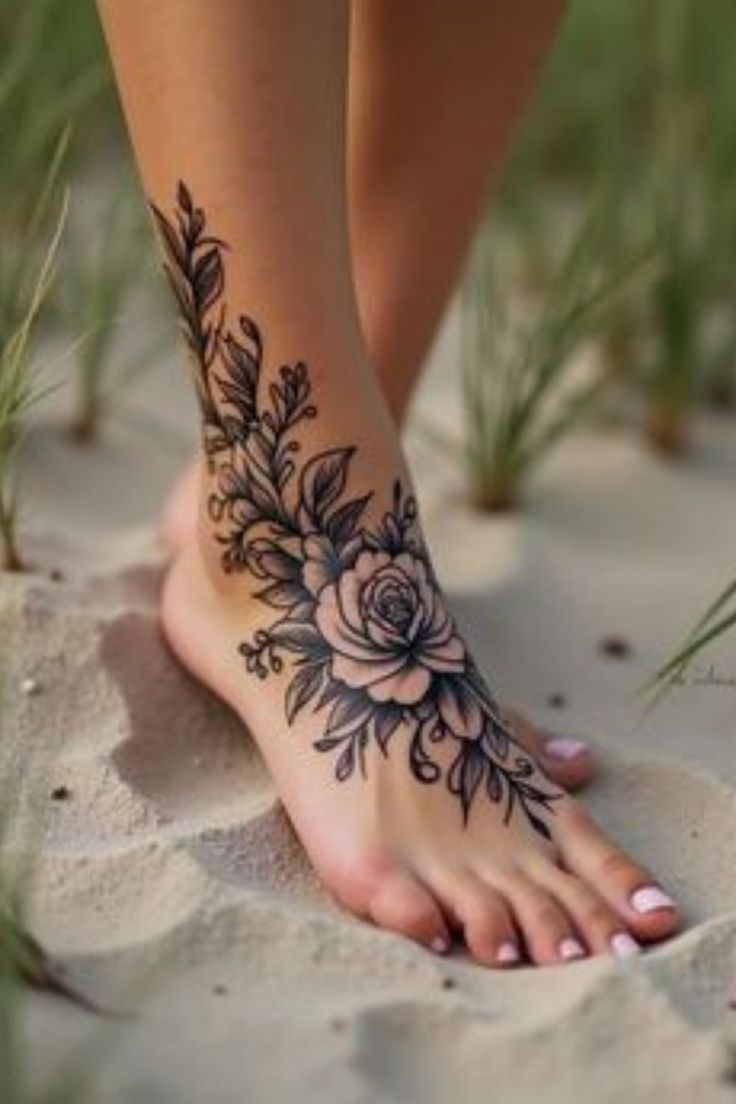 elegant floral ankle tattoo design