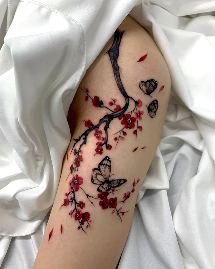 Elegant Floral Arm Tattoo with Butterflies