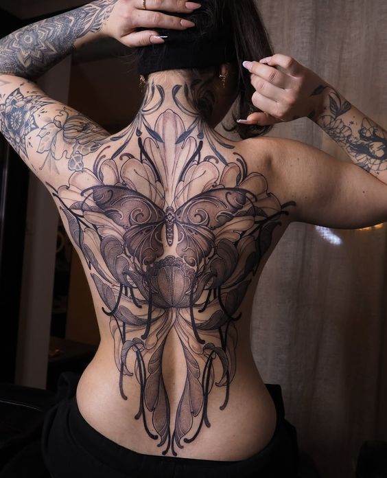 Intricate Blackwork Butterfly Back Tattoo