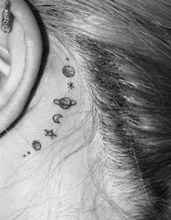 Celestial Minimalist Tattoo Behind the Ear