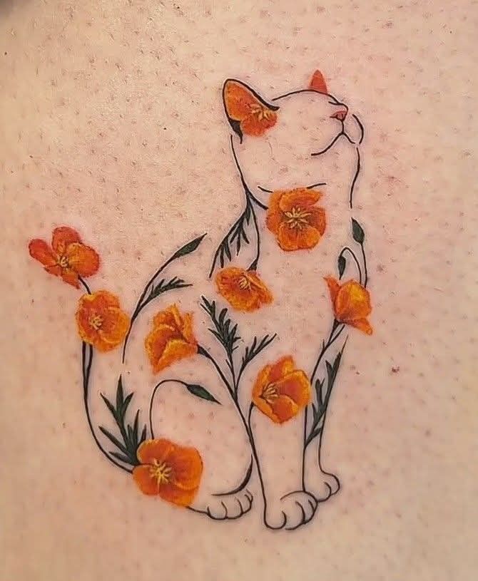 Charming Floral Cat Tattoo for Cat Lovers