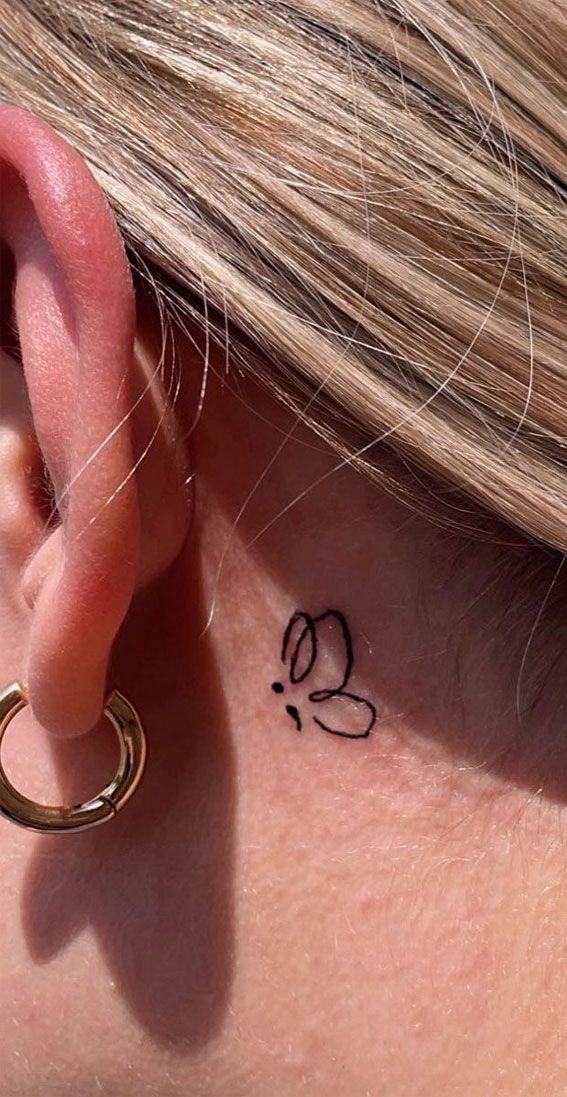 Delicate Butterfly Outline Behind Ear Tattoo
