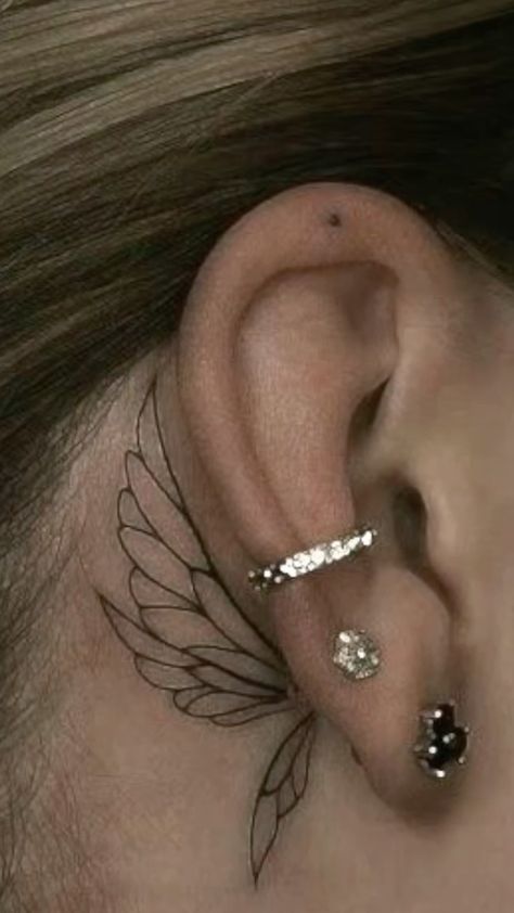 Elegant Blackwork Behind The Ear Tattoo