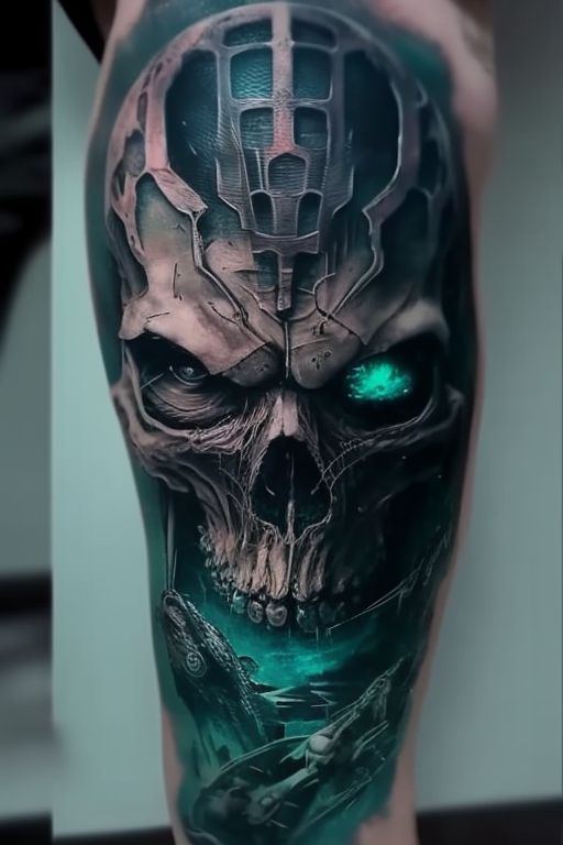 Futuristic Skull Biomechanical Tattoo