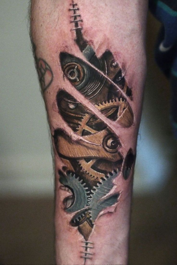 Intricate Biomechanical Gear Tattoo