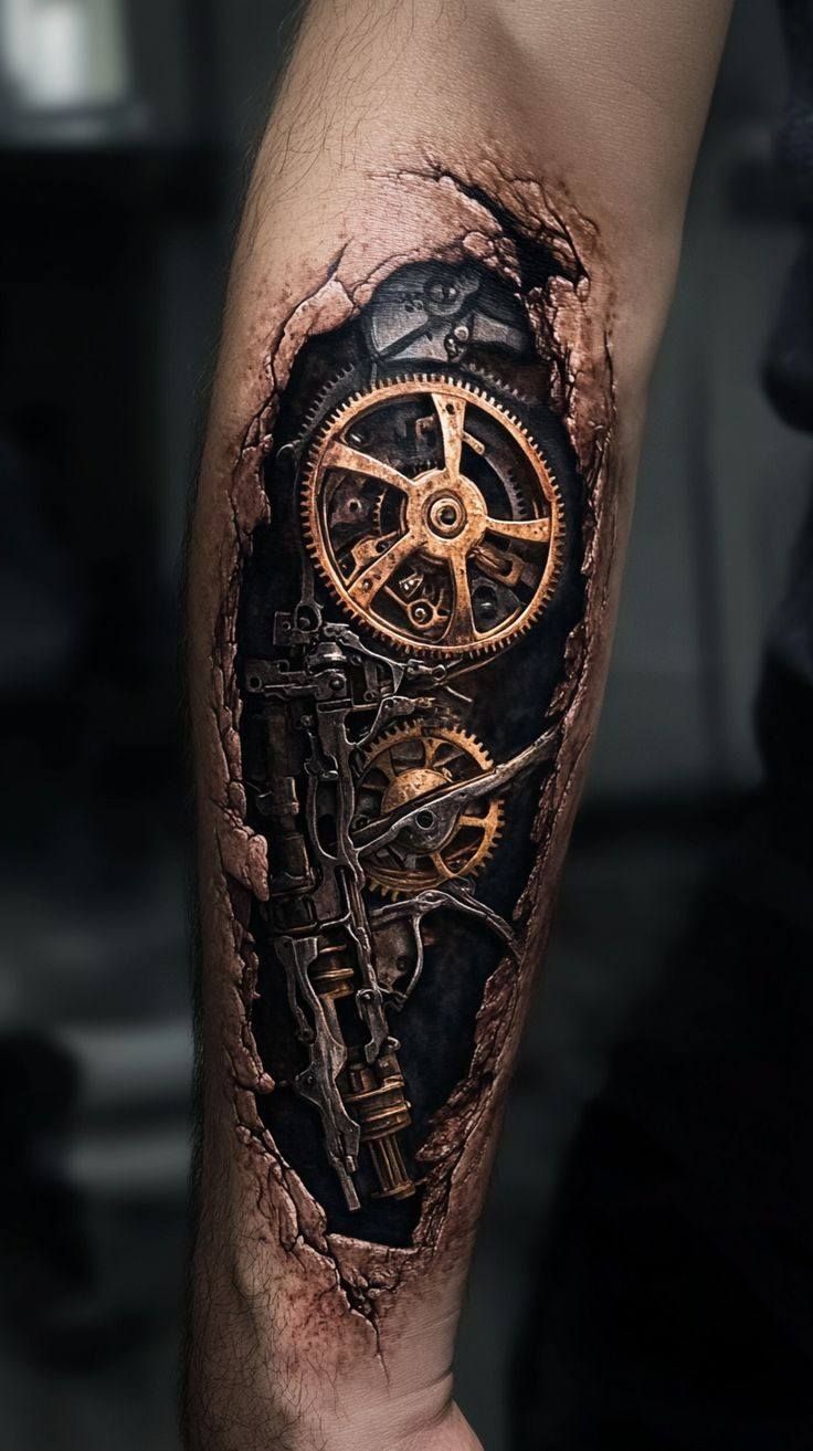 Intricate Biomechanical Gear Tattoo