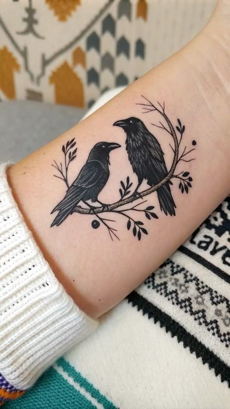 Elegant Crow Duo Tattoo – Blackwork Design