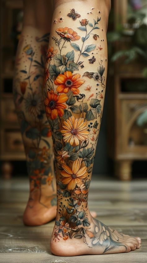 Vibrant Floral Calf Tattoo