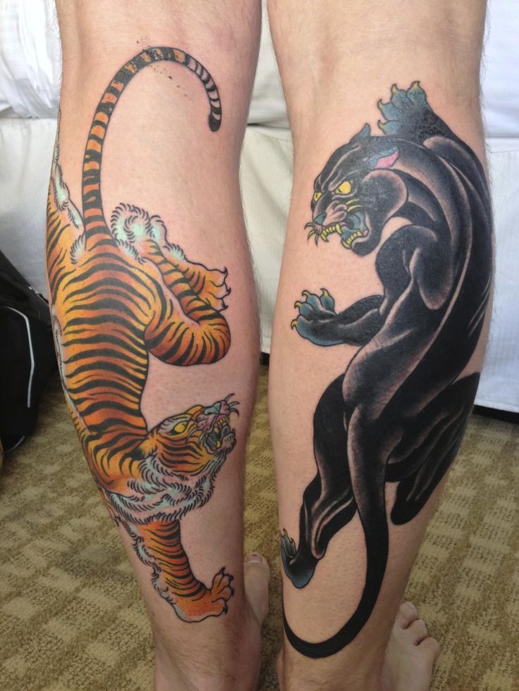 Dynamic Panther and Tiger Calf Tattoo Design