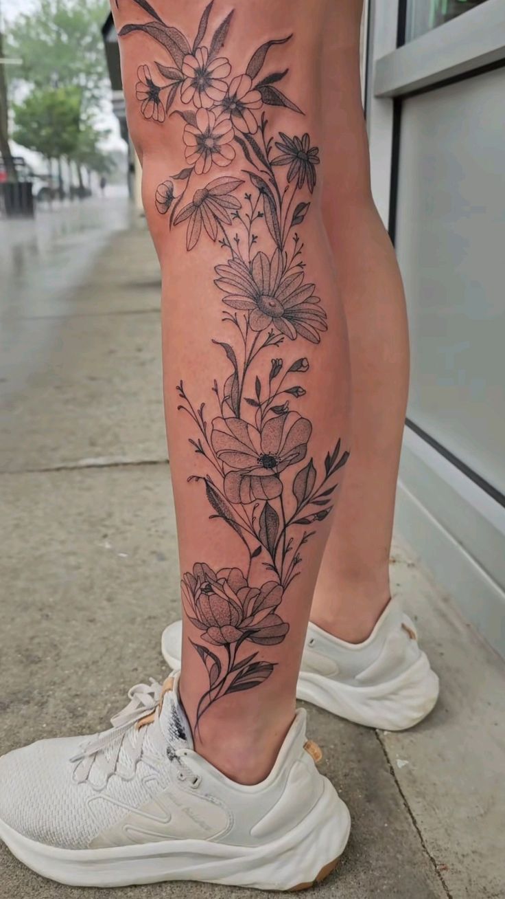 Elegant Floral Calf Tattoo for Nature Lovers