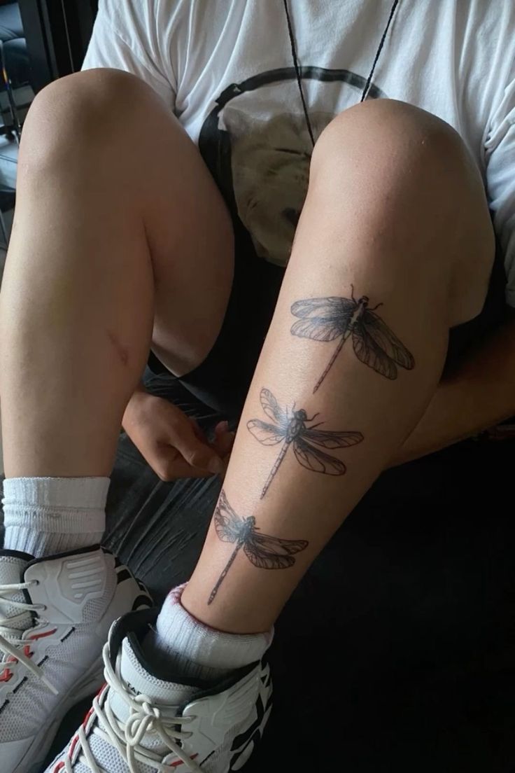 Elegant Dragonfly Calf Tattoo Design