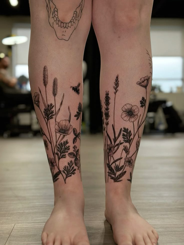 Elegant Wildflowers Calf Tattoo