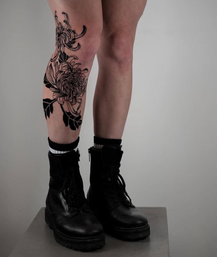 Bold Floral Blackwork Calf Tattoo