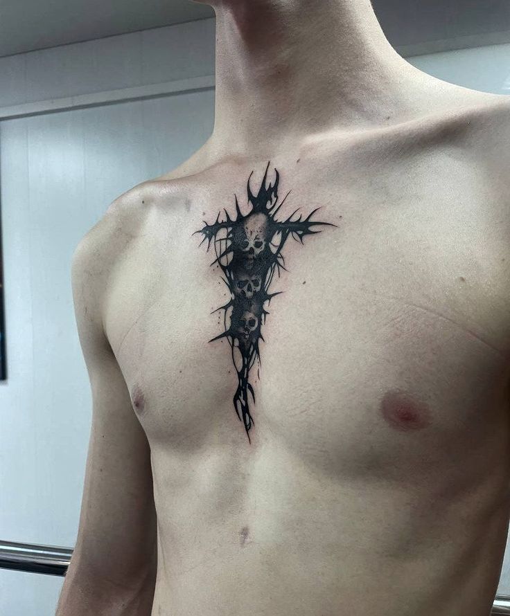 Intricate Blackwork Skull Chest Tattoo