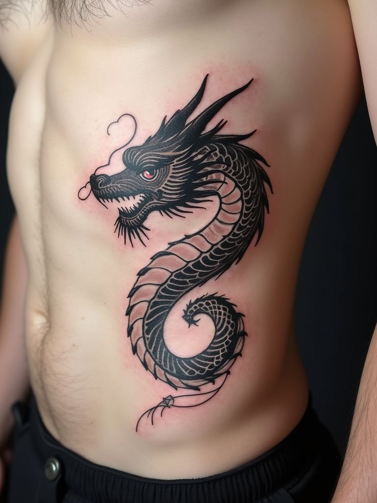 Majestic Blackwork Dragon Chest Tattoo