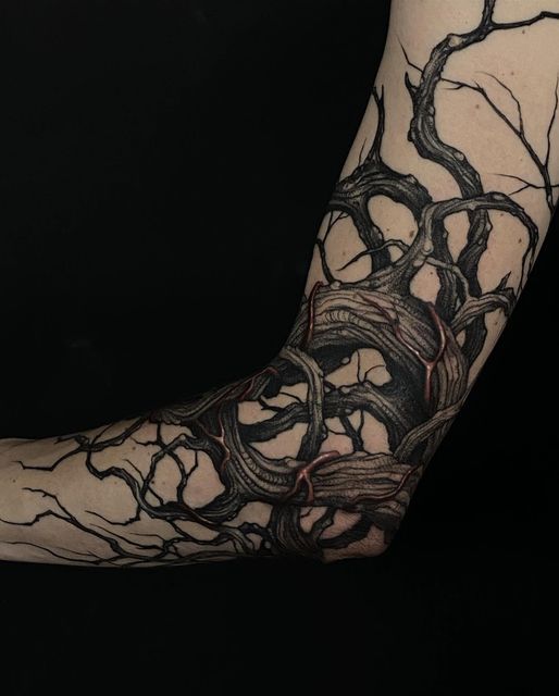 Intricate Dotwork Tree Sleeve Tattoo