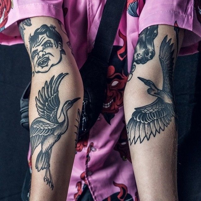 Elegant Japanese Crane Dotwork Tattoo