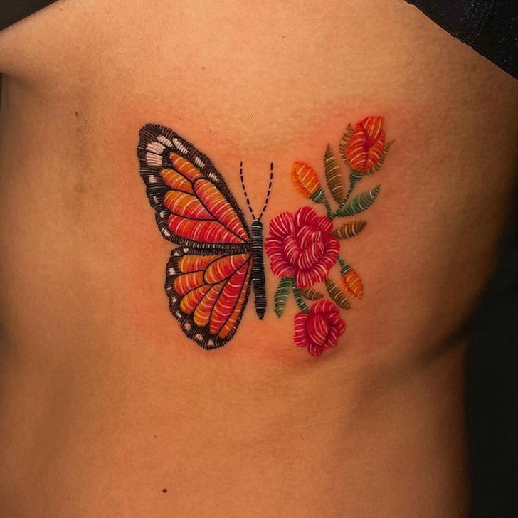 Vibrant Embroidered Butterfly Tattoo