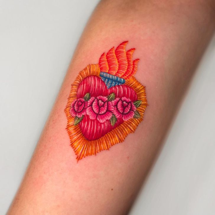 Vibrant Embroidery Heart Tattoo
