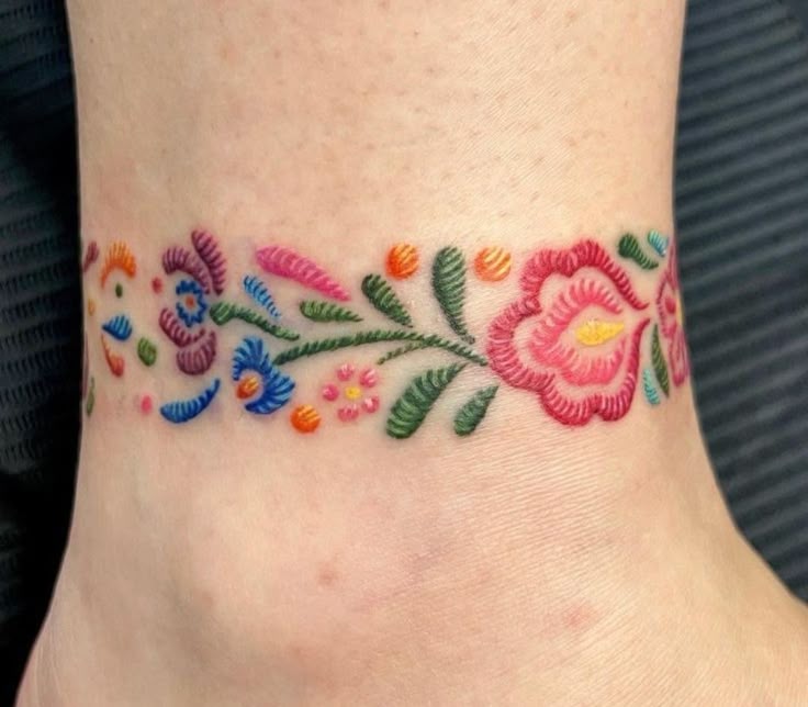 Vibrant Floral Embroidery Tattoo for the Ankle