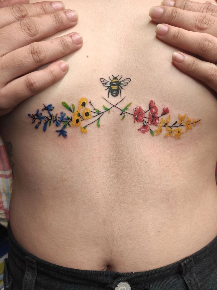 Vibrant Floral Bee Tattoo for Nature Lovers