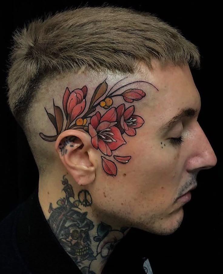 Vibrant Botanical Face Tattoo