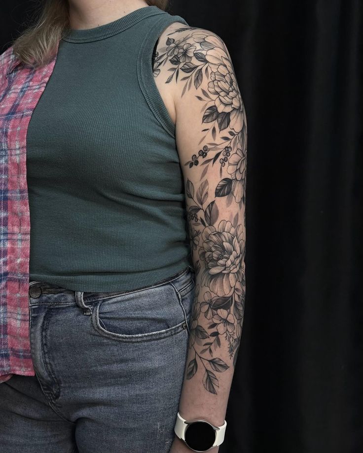 Elegant Floral Forearm Sleeve Tattoo