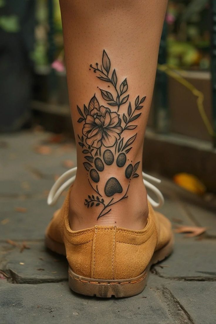Floral Paw Print Ankle Tattoo