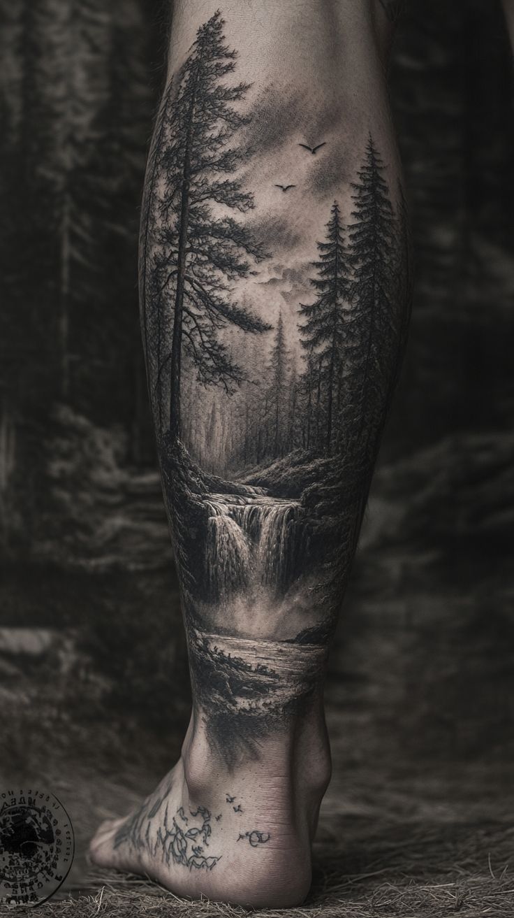 Nature's Serenity: A Realistic Forest Sleeve Tattoo