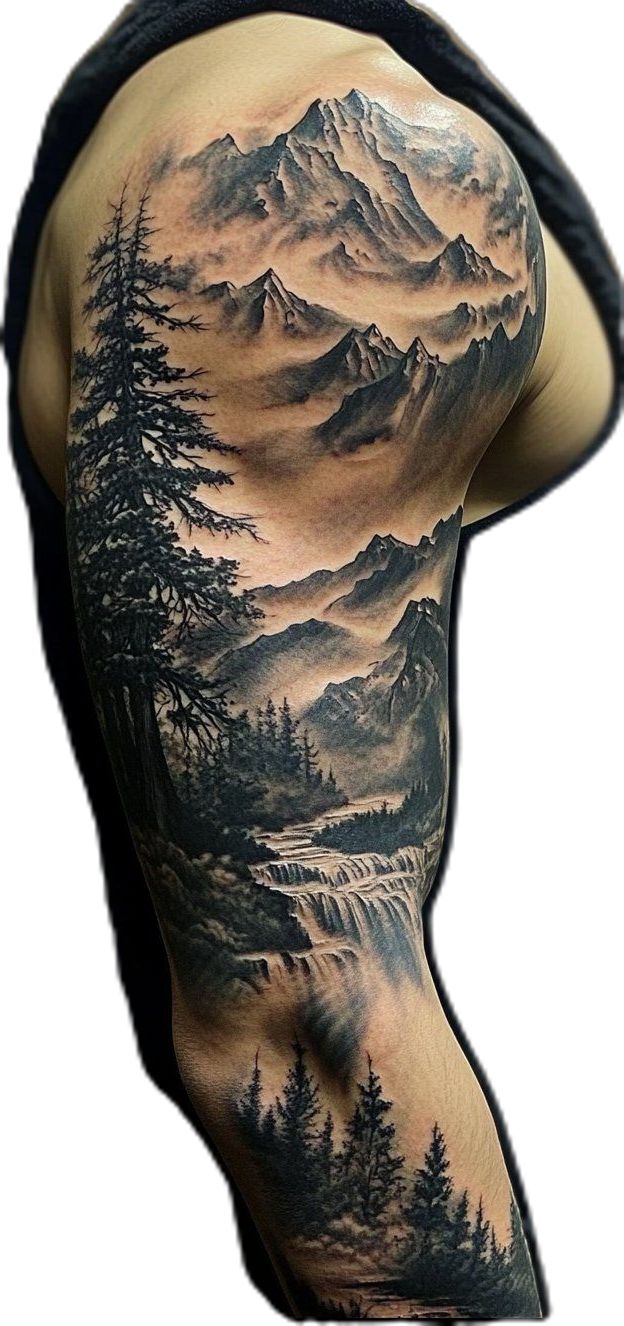Majestic Mountain Landscape Full Sleeve Tattoo