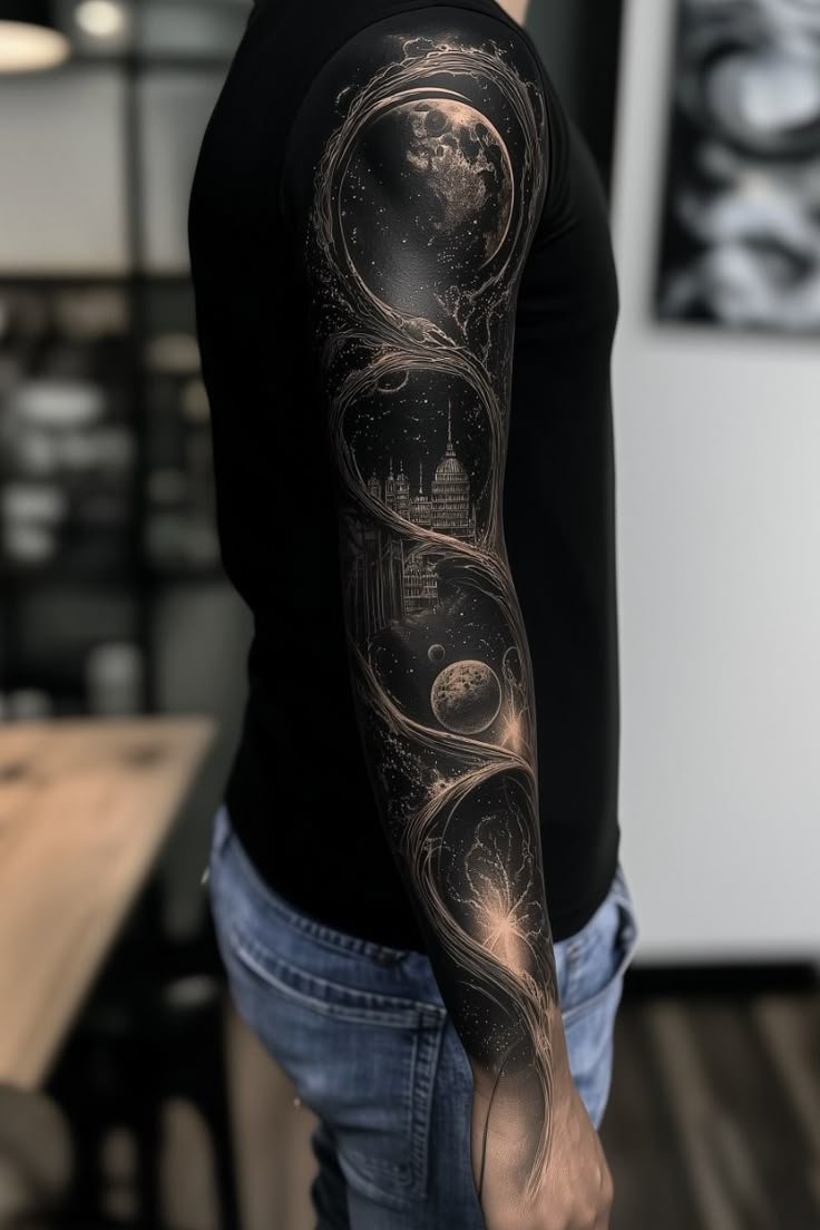 Cosmic Blackwork Sleeve Tattoo