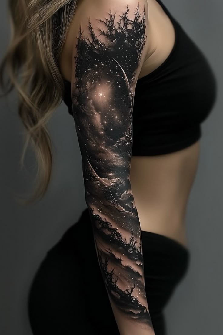 Celestial Galaxy Full Sleeve Tattoo with Moon and Trees