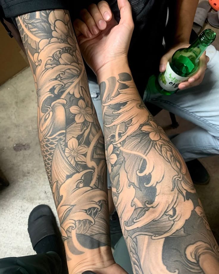 Majestic Koi and Dragon Sleeve Tattoo