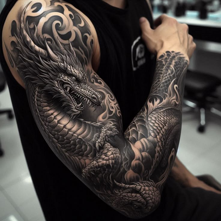 Majestic Dragon Full Sleeve Tattoo Design