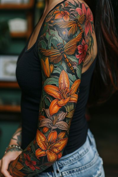 Elegant Floral Sleeve with Hummingbird