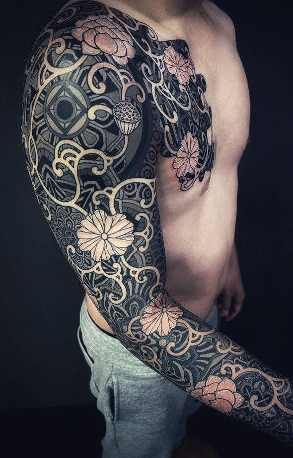 Intricate Japanese Geometric Sleeve Tattoo
