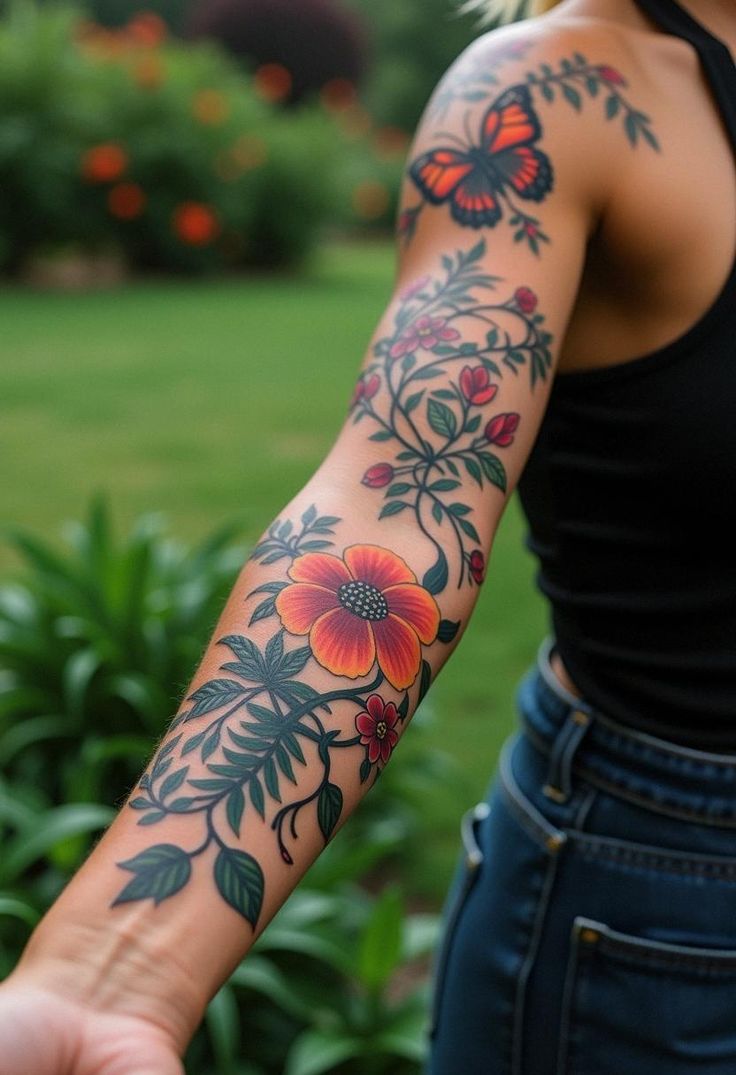 Vibrant Floral Sleeve Tattoo with Butterfly