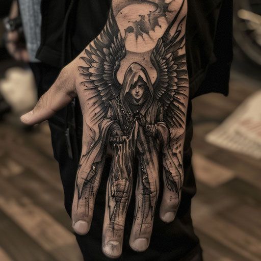 intricate blackwork angel hand tattoo design