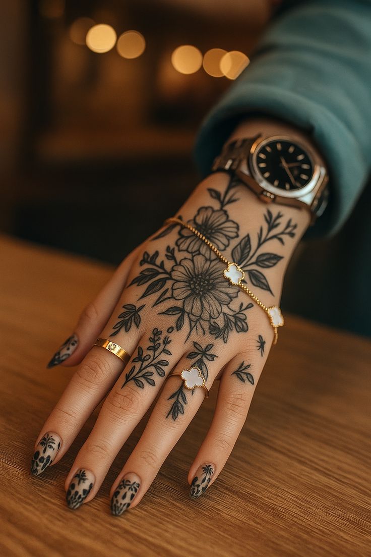 elegant floral hand tattoo design